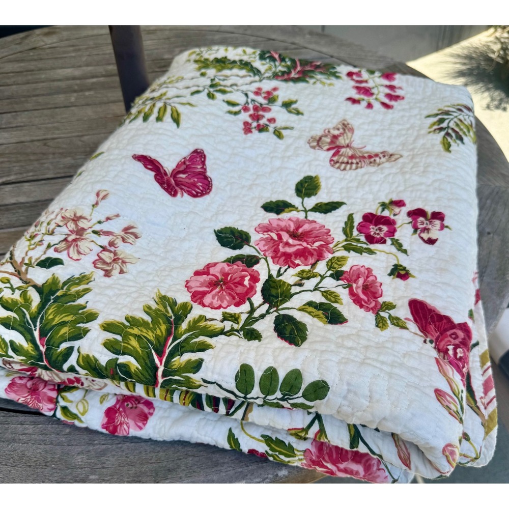 Floral Butterfly Quilted Throw Blanket Reversible Pink Rose Striped Twin White